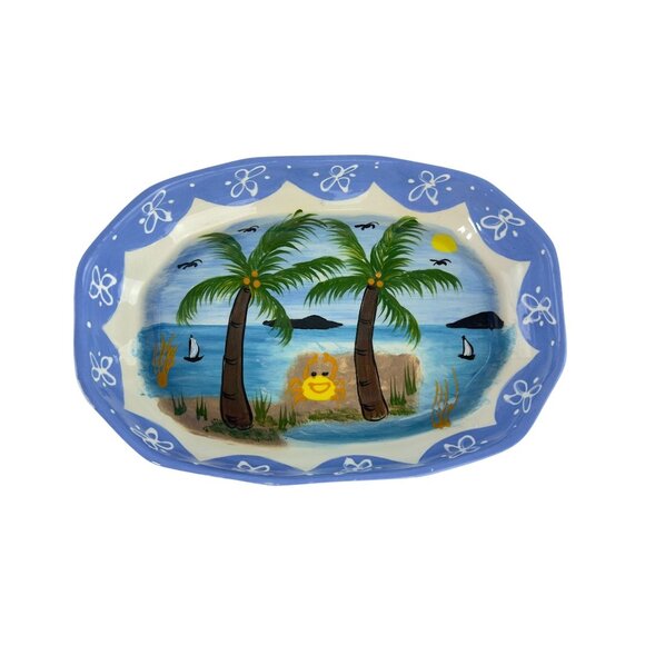 Hand-Painted Ceramic Tropical Jewelry Trinket Dish With Palm Trees & Ocean Scene - Picture 4 of 14